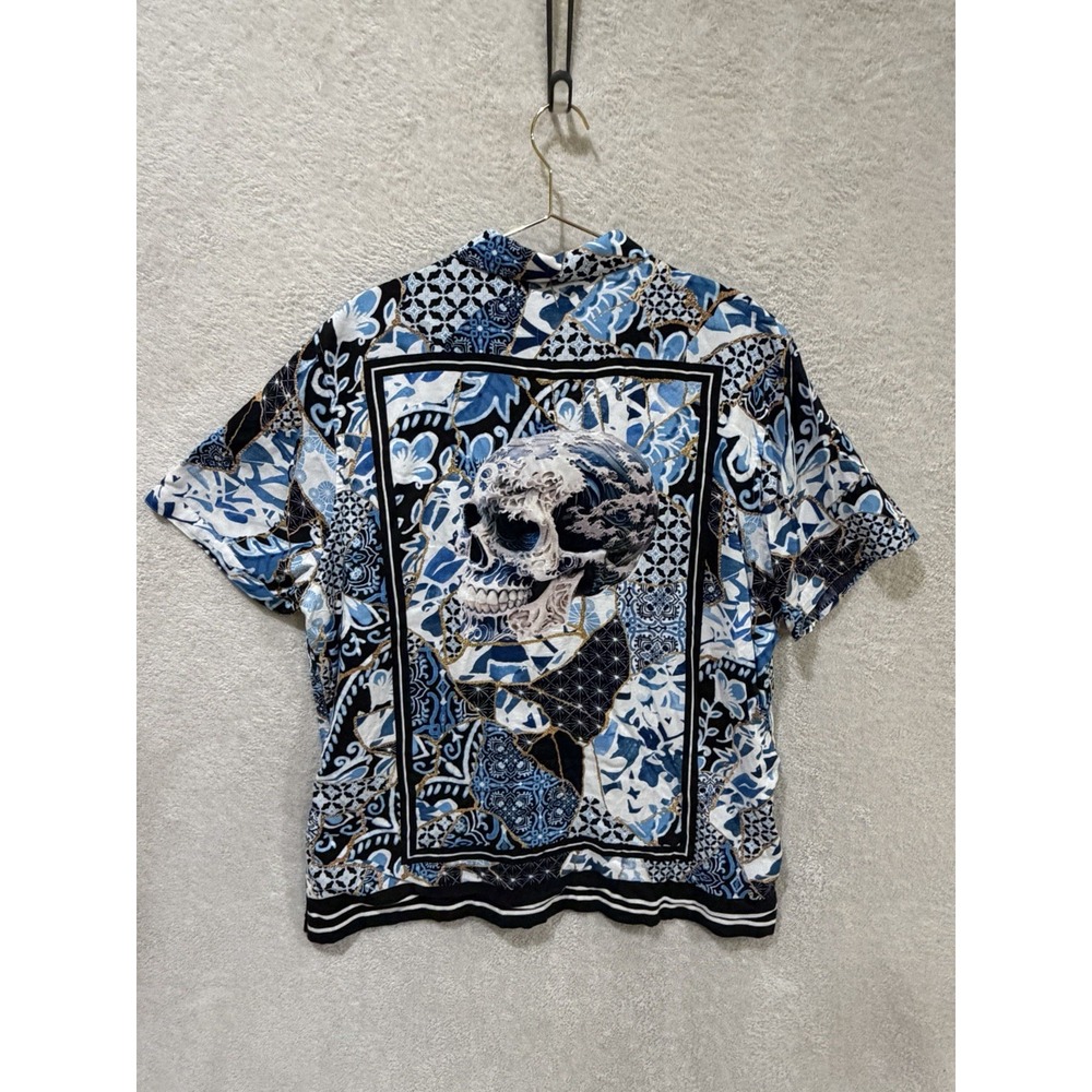 Robert Graham Size 2XL Kintsugi Skull Blue Gold Embroidered Short Sleeve Shirt